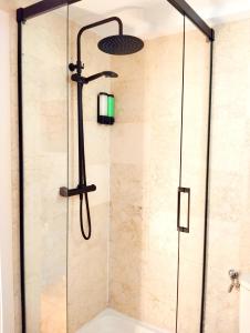 a shower in a bathroom with a glass door at Fridda House Atocha Madrid in Madrid