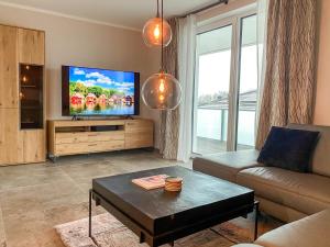 レーベルにあるLakeview Röbel - Penthouse Am Hafen Röbelのソファと薄型テレビのあるリビングルーム