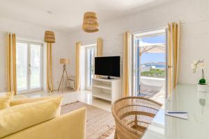 a living room with a couch and a tv at Villa Bellonia in Naousa