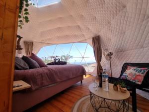 um quarto com uma cama e uma grande janela em Domes1 Tenerife, lujo con el encanto de acampar em Arico