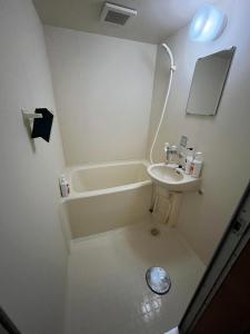uma pequena casa de banho com um lavatório e uma banheira em さぬきリトリート 繋安芯堂 em Kawashima