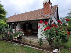 a small cottage with red roses in the yard at Ferienhaus am Theiß-See Bella in Tiszaderzs