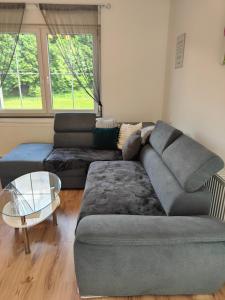 a living room with a couch and a coffee table at Ferienwohnung Waldblick mit Balkon nahe Therme Loipersdorf in Windisch Minihof