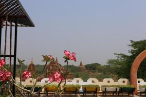 Myanmar Nan Hteik Temple View Hotel في باغان: إطلالة على معبد مع ورود وردية في المقدمة