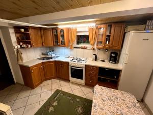 a kitchen with wooden cabinets and a white refrigerator at Chatka pod Javorovým in Třinec