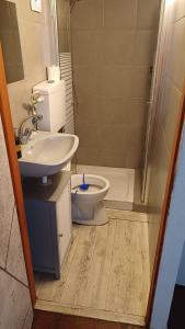 a small bathroom with a toilet and a sink at קאסה גומז in Kiryat Ekron +5 photos