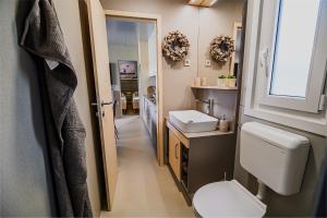 łazienka z toaletą, umywalką i oknem w obiekcie DELUXE Lake View Mobile Homes with Thermal Riviera Tickets w mieście Čatež ob Savi