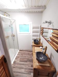 a bathroom with a sink and a shower at Chalet - gîte avec étang in Deneuvre