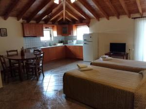 een keuken met 2 bedden en een tafel in een kamer bij Porto Fico Hotel in Vasiliki