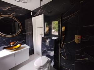 a bathroom with a toilet and a glass shower at Stania Glamour CENTRUM in Boszkowo-Letnisko