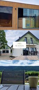 een collage van twee foto's van een huis bij All Season Sauna&Jacuzzi - domki z widokiem na góry Kotlina Kłodzka in Lasowka