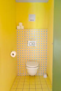 a bathroom with a toilet in a yellow wall at NaturparkResort Hobel`s Home in Wildalpen +10 photos