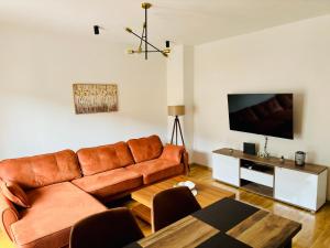 a living room with a brown leather couch and a tv at Nonna Marija in Kotor