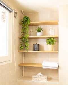 ein Badezimmer mit Holzregalen und Topfpflanzen in der Unterkunft Well located apartment in Paris in Paris