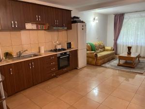 a kitchen with a sink and a couch in a room at VILLA BY THE LAKE in Curtea de Argeş