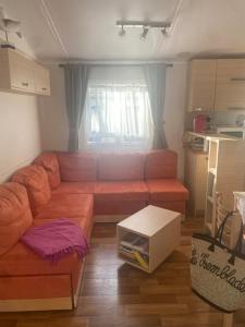 Una sala de estar con un sofá y una ventana. en Bungalow à Ronce les Bains, en La Tremblade