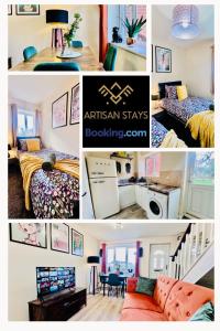 un collage de cuatro fotos de una habitación en Brand New! The Cosy Cove by Artisan Stays I Free Parking I Weekly or Monthly Stay Offer I Sleeps 5, en Chelmsford