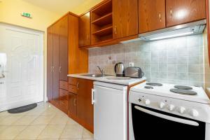 a kitchen with a white stove and a sink at Kosmos Hotel St4 in Agios Stefanos in Agios Stefanos +16 photos