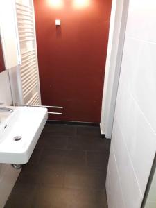 baño con lavabo blanco y puerta roja en Ferienhaus Grenzweg en Winterberg