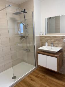 ein Badezimmer mit Dusche und Waschbecken in der Unterkunft Ferienwohnung Zauberwald in Waldkirchen + 5 Fotos