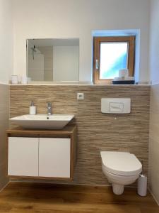ein Badezimmer mit Waschbecken, Toilette und Spiegel in der Unterkunft Ferienwohnung Zauberwald in Waldkirchen