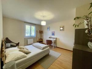 Un dormitorio con una cama y un escritorio. en Bel Appartement dans résidence cheminée /Jardin, en Luz-Saint-Sauveur