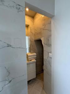 a bathroom with marble walls and a walk in shower at Appartement 2 pièces in Asnières-sur-Seine +9 photos