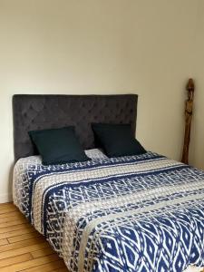 a bedroom with a bed with a blue and white comforter at Appartement 2 pièces in Asnières-sur-Seine