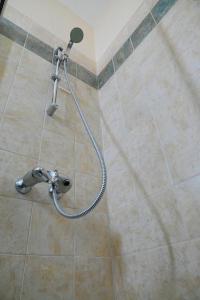 La salle de bains est pourvue d'une douche avec un pommeau de douche. dans l'établissement Kakopetria's Holiday House, à Kakopetriá