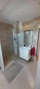 een badkamer met een douche en een witte wastafel bij Maison non fumeur - jardin 5 personnes aux portes de Brest in Guipavas