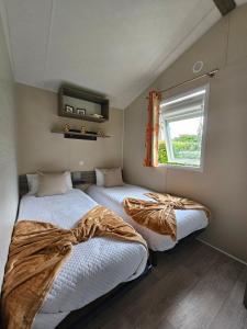 - 2 lits dans une petite chambre avec fenêtre dans l'établissement Quinta Lama de Cima, à Fafe