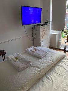 a bedroom with two towels on a bed with a tv on the wall at Pond Cottage in Purley