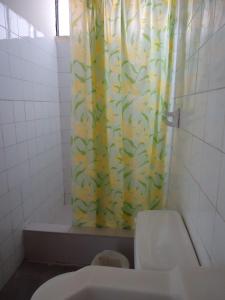 a bathroom with a shower curtain with a toilet at Hotel Estación Central in Lima