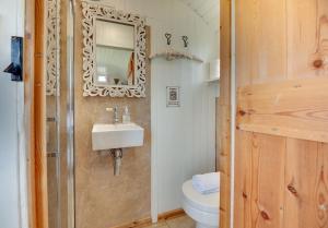 ein Badezimmer mit einem Waschbecken, einem WC und einem Spiegel in der Unterkunft The Shepherds Hut in Holburn