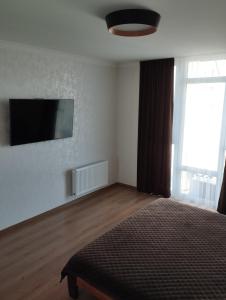 um quarto com uma cama e uma televisão de ecrã plano em VIP квартира однокімнатна em Lutsʼk