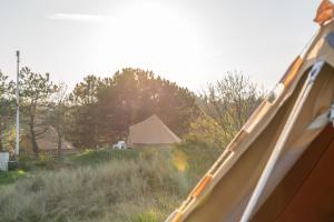 a view from the side of a tent in a field at Little Canvas Escape in Nes