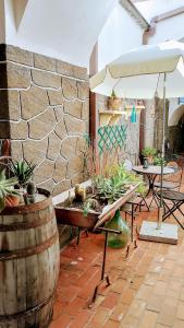 un patio con una mesa con plantas y una sombrilla en Da Giulietta, en Adrano