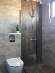 een badkamer met een toilet en een glazen douche bij Niko's Sea View Apartments Deluxe in Nesebar