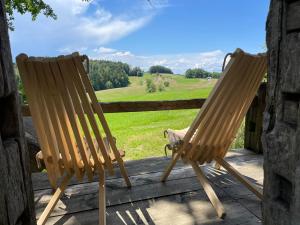 two wooden chairs sitting on a porch with a dog in the grass at Ladybug Eco House 