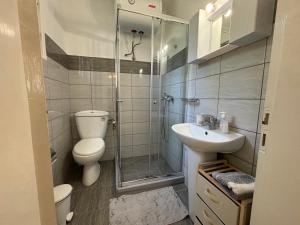 a bathroom with a shower and a toilet and a sink at Antigone's Studio in Kassiopi