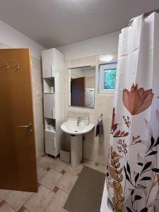 ein Bad mit einem Waschbecken und einem Duschvorhang in der Unterkunft Hiška na hribu in Ankaran