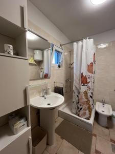 ein Bad mit einem Waschbecken, einem WC und einer Dusche in der Unterkunft Hiška na hribu in Ankaran