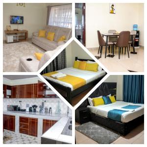 un collage de fotos de una habitación con cama y mesa en Exquisite 2BR Ensuite Apartment close to Rupa Mall, Mediheal Hospital, and St Lukes Hospital, en Eldoret
