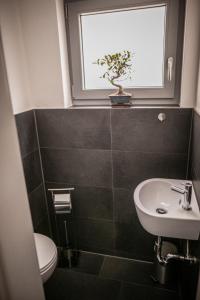 a bathroom with a sink and a toilet and a window at Ferienwohnung-Bali in Bad Liebenzell