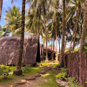 a house with a thatched roof and palm trees at Hola Beach Resort in Siquijor
