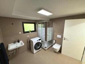 Egelsbachにある4 Zimmer Ferienwohnung Egelsbachのバスルーム(シャワー、トイレ、シンク付) +30枚の写真