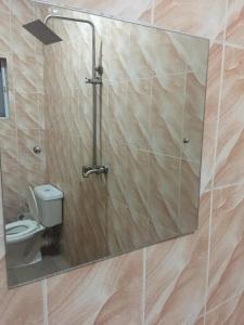 La salle de bains est pourvue d'une douche, de toilettes et d'un miroir. dans l'établissement Mega Pavilion Apartment And Suits Gwarinpa, à Gwarinpa