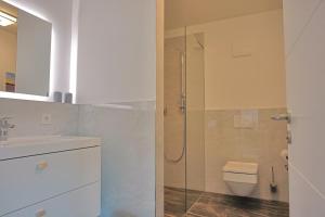a bathroom with a shower and a toilet and a sink at Villa Baltic Star in Börgerende-Rethwisch +12 photos