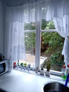 een keukenraam met witte gordijnen en een wastafel bij Apartment Botanicheskiy Sad in Sutomore
