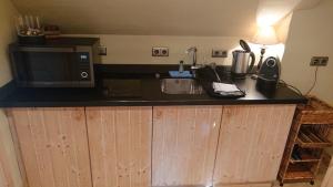 eine Küche mit einer Theke mit einer Mikrowelle und einer Spüle in der Unterkunft Alte Schäferei - Schäferstube in Lüdersburg